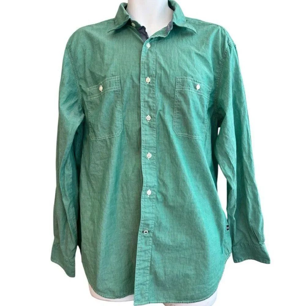 Nautica Mens XL Slim Fit  Green Button Up Pocket Collarared Shirt Pin Stripes